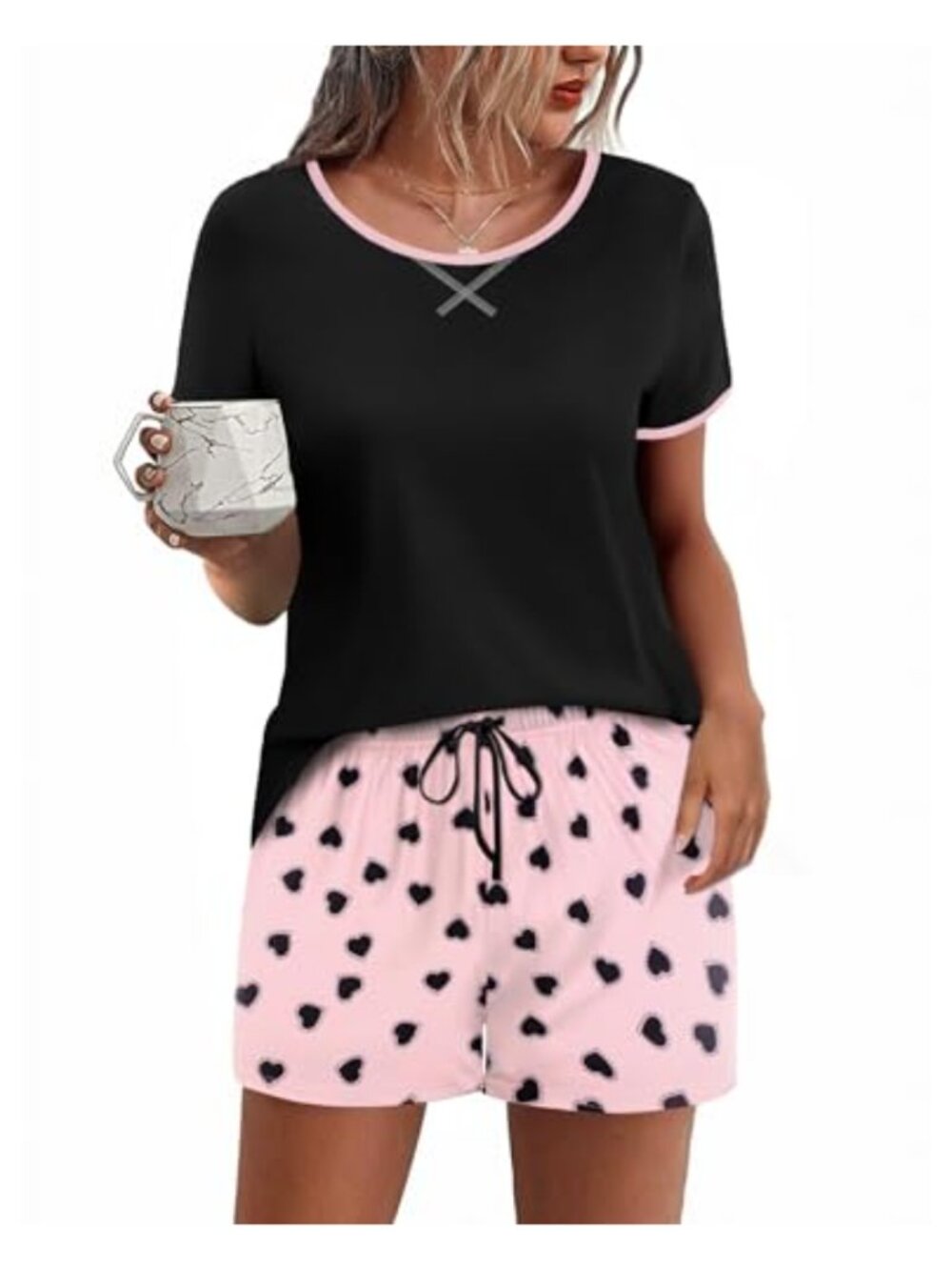Ekouaer Women's Two-Piece Pajama Set Short Sleeve Round Neck Lounge Set